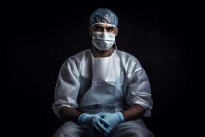 médicament et profession. Masculin médecin dans protecteur faciale masque et uniforme. génératif ai. photo