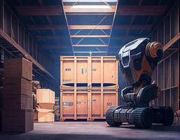 robot centre de la logistique stockage, robot bras avec boîte travail dans le Matériel industriel.génératif ai photo