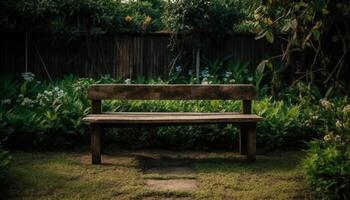 arrière-cour jardin en bois banc une endroit à asseoir et se détendre avec la nature et plante entourer. Contexte et toile de fond. photo