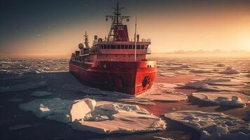 brise-glace navire dans le arcique à nuit , généré ai image photo