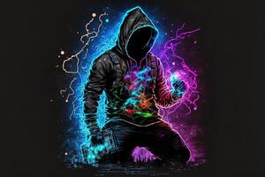 génératif ai double exposition une seul figure dans une sweat à capuche et Puissance boxe, univers entrer en collision avec néon, cyberpunk, holographie, cosmique Contexte. anonyme homme dans une noir sweat à capuche le piratage ordinateur avatar photo