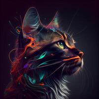 coloré portrait de une chat avec abstrait modèle sur une noir arrière-plan, ai génératif image photo