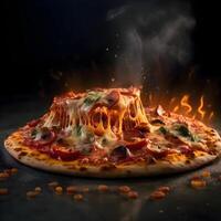 Pizza avec salami et mozzarella sur une noir arrière-plan, ai génératif image photo