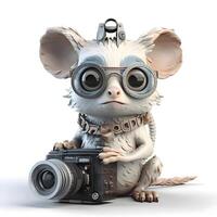 3d le rendu de une mignonne peu Souris avec des lunettes et une caméra, ai génératif image photo