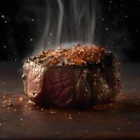 grillé du boeuf steak avec rouge caviar et fumée sur noir arrière-plan, ai génératif image photo