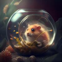 hamster dans une rond verre aquarium avec or poisson sur une foncé arrière-plan, ai génératif image photo