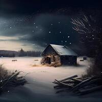 hiver paysage avec vieux en bois maison dans le forêt et chute flocons de neige, ai génératif image photo