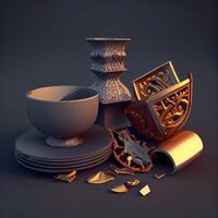 3d illustration de vase, tasse, bol et livre., ai génératif image photo