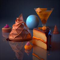 3d illustration de une ensemble de desserts sur une foncé arrière-plan., ai génératif image photo