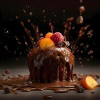 pièce de gâteau avec Chocolat éclaboussures et gouttes sur en bois tableau, ai génératif image photo