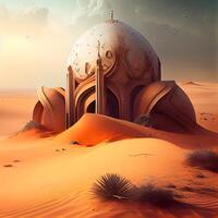 3d illustration de une désert paysage avec un extraterrestre planète dans le arrière-plan, ai génératif image photo