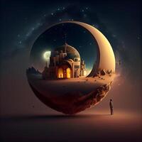 mosquée dans le milieu de le nuit avec lune. illustration, ai génératif image photo