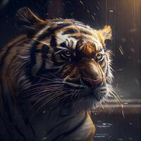 portrait de une tigre dans le pluie sur une foncé arrière-plan., ai génératif image photo