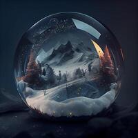 neige globe avec forêt et montagnes dans le arrière-plan, 3d illustration, ai génératif image photo