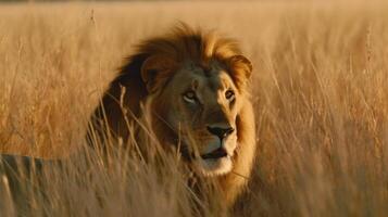 Lion dans haute herbe. illustration ai génératif photo