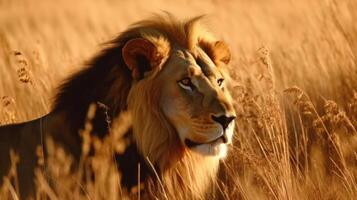 Lion dans haute herbe. illustration ai génératif photo