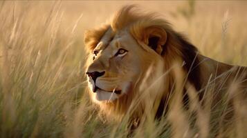 Lion dans haute herbe. illustration ai génératif photo