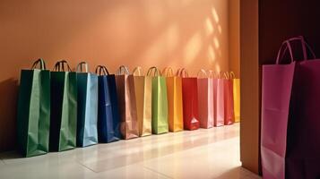 une rangée de coloré papier achats Sacs. illustration ai génératif photo