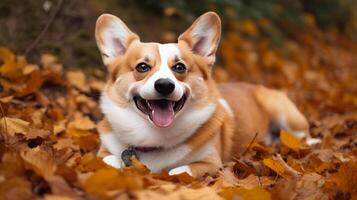 corgi dans l'automne forêt. illustration ai génératif photo