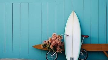 planche de surf avec fleurs. illustration ai génératif photo