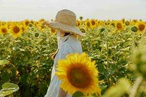 femme dans blanc robe avec chapeau dans été dans une champ de tournesols la nature mode de vie photo