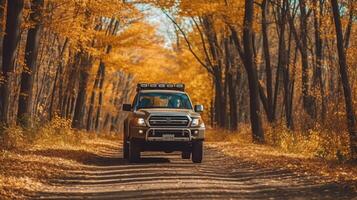 voiture dans l'automne forêt. illustration ai génératif photo