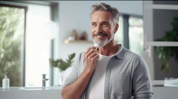 Beau homme appliquant visage crème dans le salle de bains illustration ai génératif photo