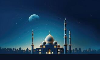 mosquées dôme sur foncé bleu crépuscule ciel et croissant lune sur Contexte illustration ai génératif photo