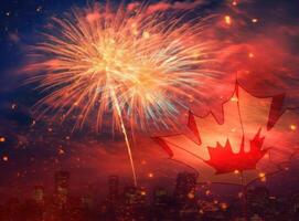 feux d'artifice Canada les Canadiens drapeau sur le coucher du soleil illustration ai génératif photo