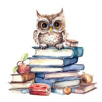 aquarelle livres avec hibou. illustration ai génératif photo