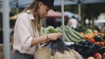 une femme choisit des fruits et des légumes à une Les agriculteurs' marché. illustration ai génératif photo