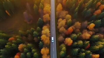 drone vue l'automne forêt route. illustration ai génératif photo