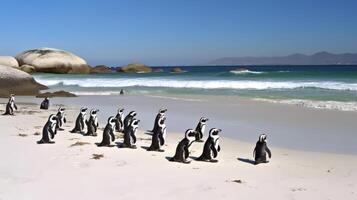 africain pingouins sur une plage. illustration ai génératif photo