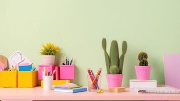 des gamins bureau Créatif espace de travail avec école fournitures, cactus illustration ai génératif photo