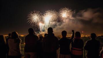 groupe de gens en train de regarder feu d'artifice. illustration ai génératif photo