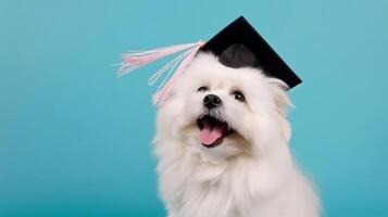 mignonne chien dans l'obtention du diplôme casquette. illustration ai génératif photo