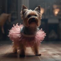 Yorkshire terrier chien dans une lumière rose ballet jupe est dansant comme une ballerine,, illustration ai génératif photo