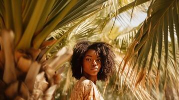 magnifique fille avec frisé cheveux. illustration ai génératif photo