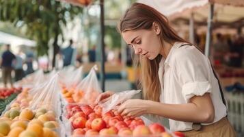 une femme choisit des fruits et des légumes à une Les agriculteurs' marché. illustration ai génératif photo