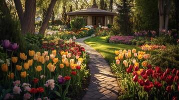 coloré printemps jardin. illustration ai génératif photo