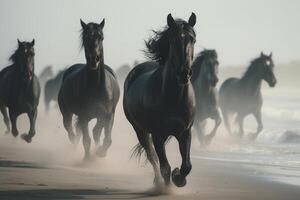 les chevaux sur le plage dans le brouillard à lever du soleil. génératif ai photo