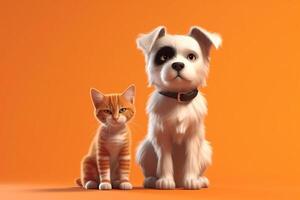chiot et chaton ensemble sur Orange Contexte. animal protection concept génératif ai photo