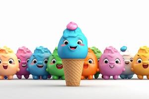 3d illustration de coloré la glace crème personnage dans gaufre cône avec marrant visages génératif ai photo