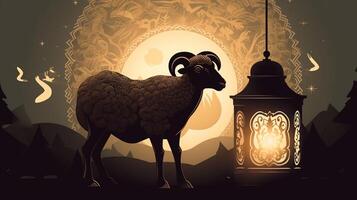 eid Al adha arrière-plan, mouton de face de mosquée génératif ai photo