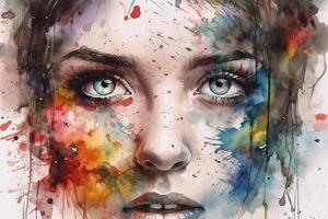 fermer portrait de une magnifique Jeune femme avec multicolore peindre éclaboussures. génératif ai photo