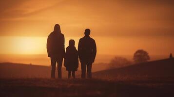 silhouette de famille à le coucher du soleil. concept de content père jour, génératif ai photo