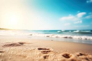sable, mer, vagues et Soleil dans une bleu ciel. généré ai. photo