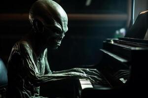 laid et effrayant à la recherche extra-terrestre extraterrestre en jouant une piano. ai généré photo