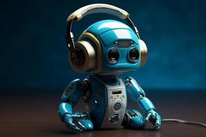 petit futuriste ai robot écoute à la musique écouteurs. ai généré photo