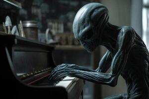 laid et effrayant à la recherche extra-terrestre extraterrestre en jouant une piano. ai généré photo